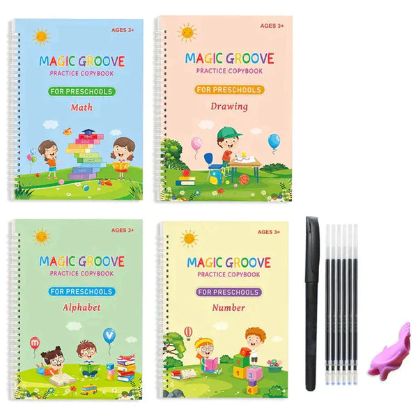 4 Pc Magic Writing Books for Kids, Magic Groove Practice Copybook, Reusable Grooved Handwriting Workbooks.