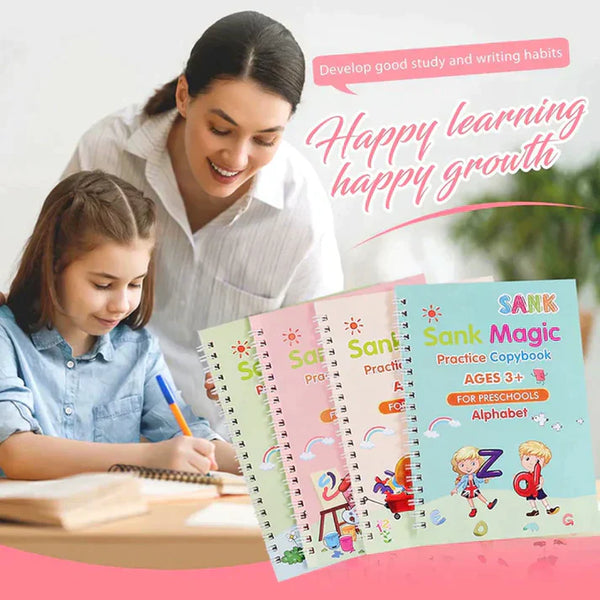 4 Pc Magic Writing Books for Kids, Magic Groove Practice Copybook, Reusable Grooved Handwriting Workbooks.