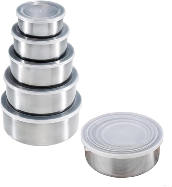 [Set of 5] Stackable Stainless Steel Snack Food Storage Containers With Lids, Leakproof Clear Lids For Lunch
