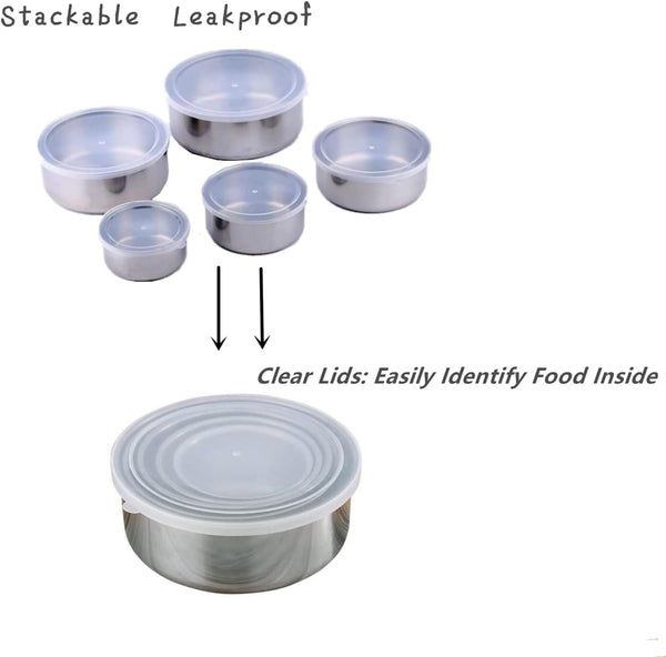 [Set of 5] Stackable Stainless Steel Snack Food Storage Containers With Lids, Leakproof Clear Lids For Lunch