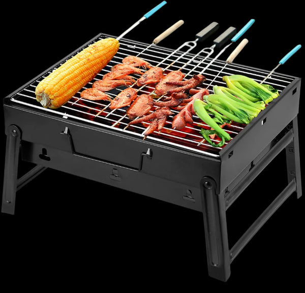 Complete BBQ Accessories 1 Piece Portable Grill 1 Piece Oil Spray Bottle 1 Piece Oil Bottle with Brush 1 Piece BBQ Clip Folder Grill (Pack of 6) Barbecue Skewers Stainless Steel Sticks