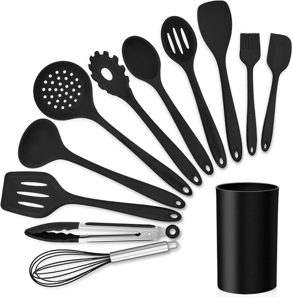 12-Piece Silicone Kitchen Cooking Utensils Set with Holder, Kitchen Tools Include Slotted Spatula Spoon Turner Ladle Tong Whisk, Dishwasher Safe